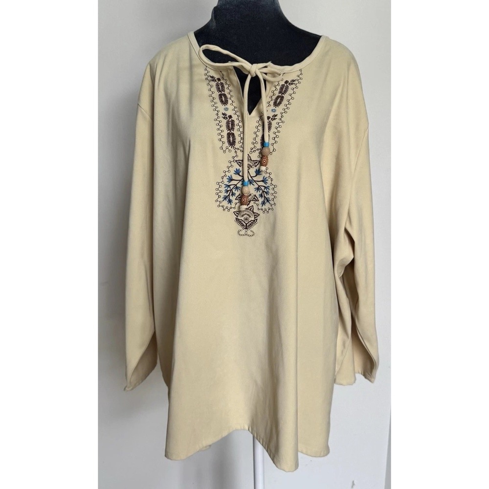 Vtg 90s Yellow Embroidered Top Tunic 3X Velour Peasant Hippie Boho Flowy Comfort